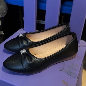 Women's Black Bow-Front Slip-On Flats with Crystal Detail